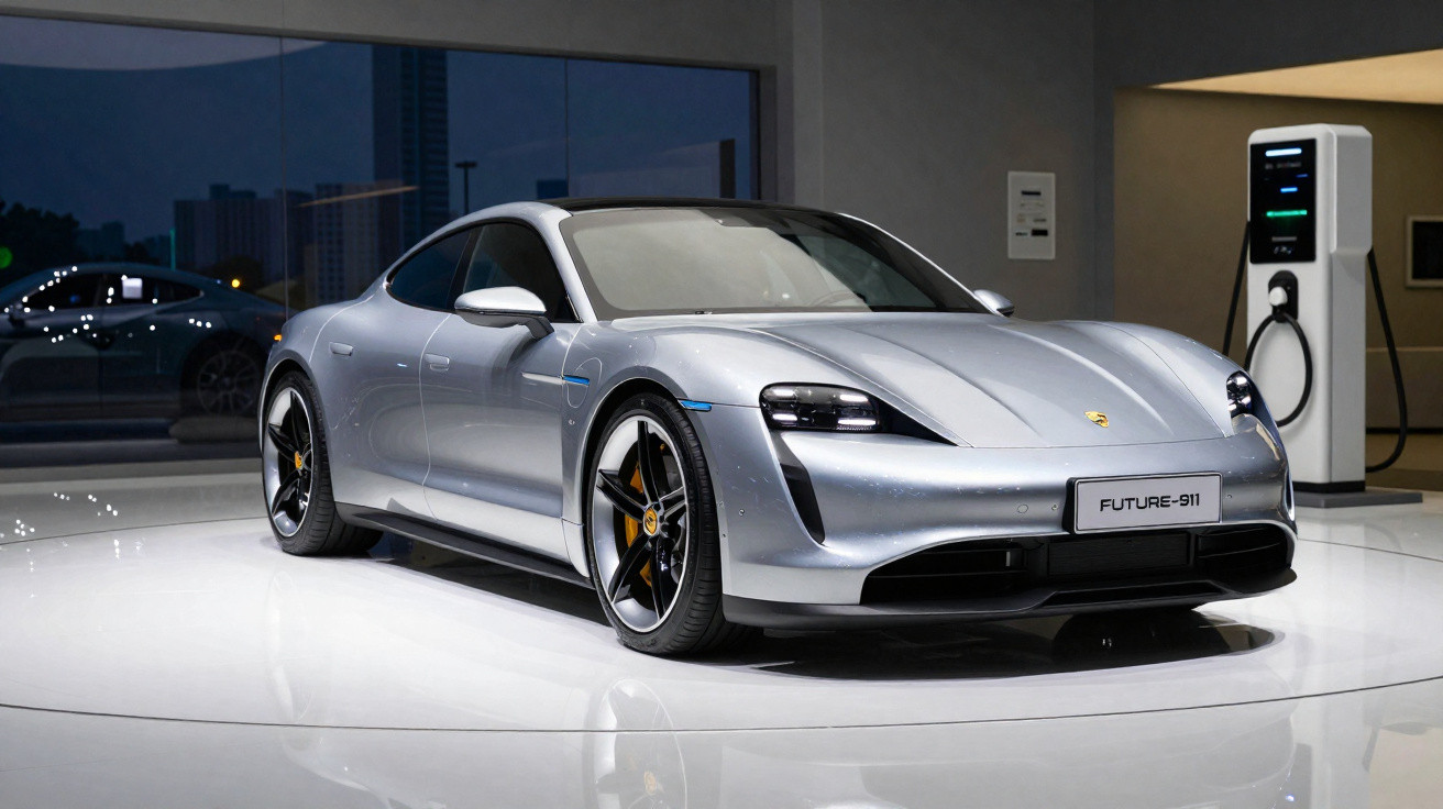 Carro esportivo elétrico prata Porsche Future-911 em exposição com estação de carregamento ao fundo.