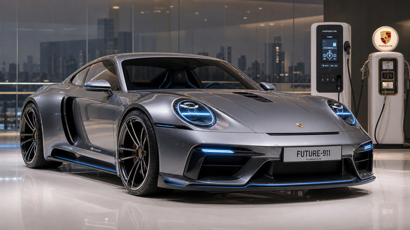 Carro esportivo elétrico Porsche Future-911 cinza estacionado em showroom ao lado de estação de recarga.