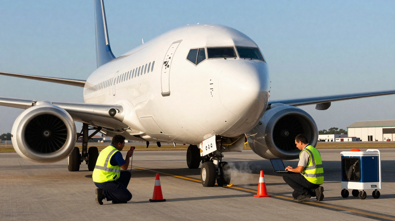 Dois trabalhadores de colete reflexivo fazem inspeção técnica em avião branco no aeroporto durante o dia.