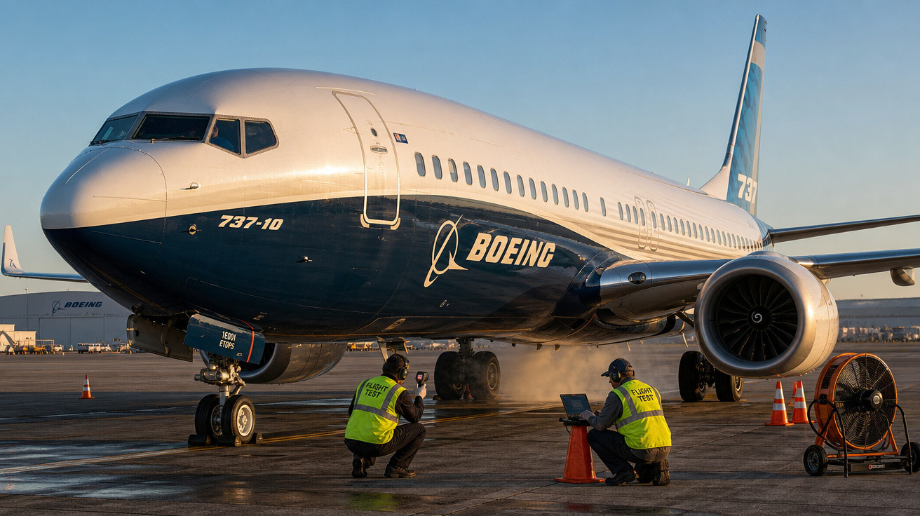 Avião Boeing 737-10 estacionado no aeroporto com dois técnicos usando coletes amarelos em teste de voo.