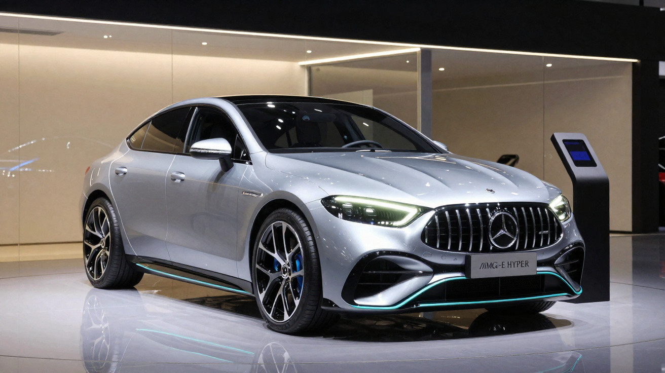Carro esportivo Mercedes-Benz prata exibido em ambiente interno com luzes modernas e painel digital.