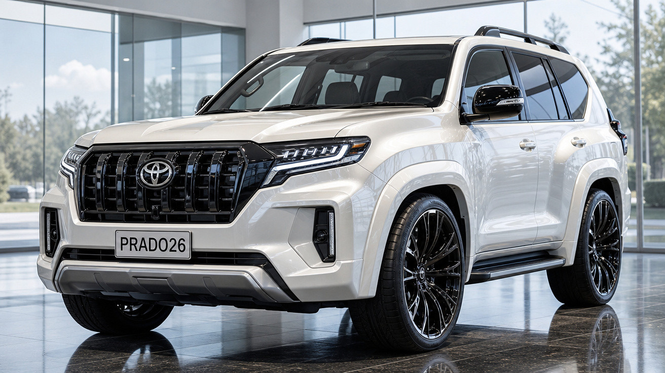 SUV Toyota Prado branca em showroom com detalhes em preto e rodas esportivas.