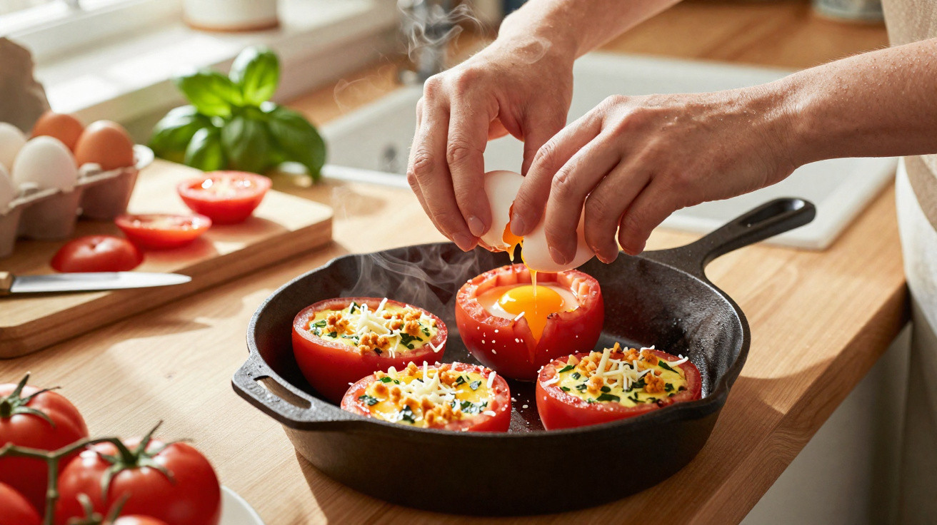 Mãos quebrando ovo dentro de tomate recheado com queijo e ervas em frigideira preta na cozinha.