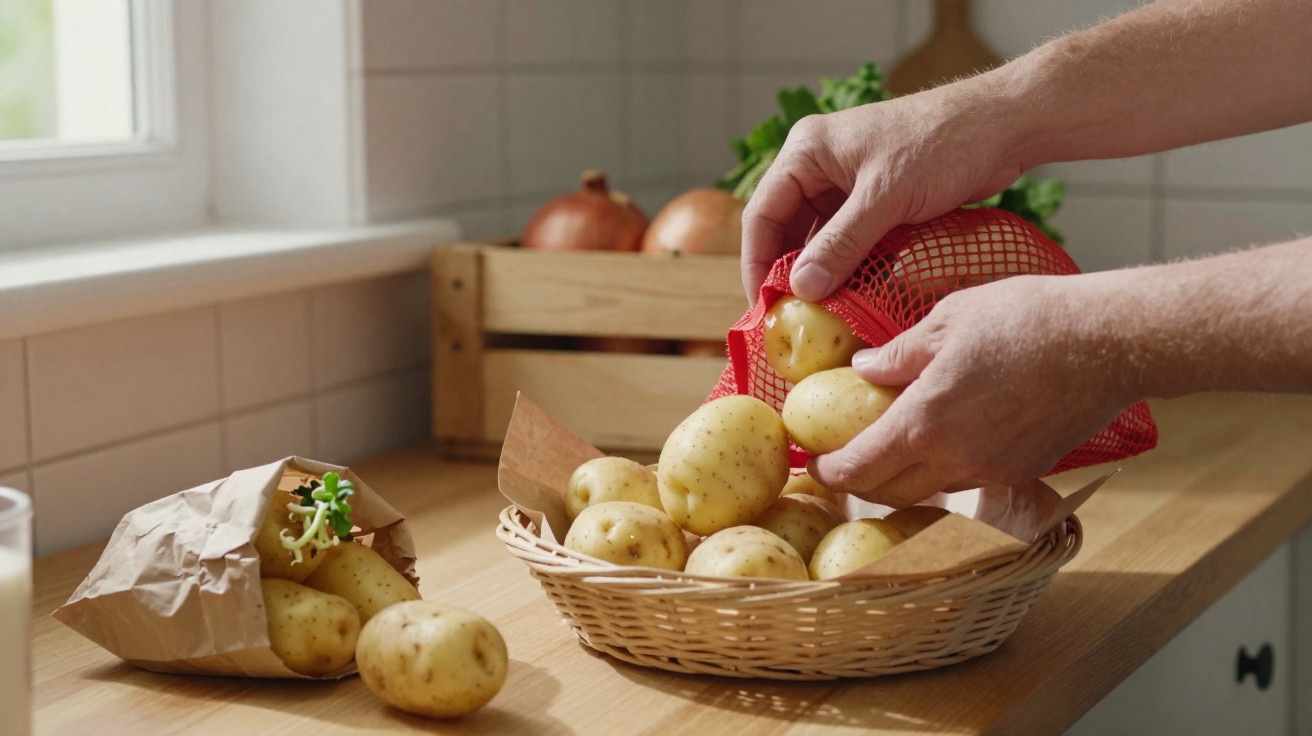 Mãos colocando batatas de saco vermelho em cesta sobre bancada de madeira na cozinha.