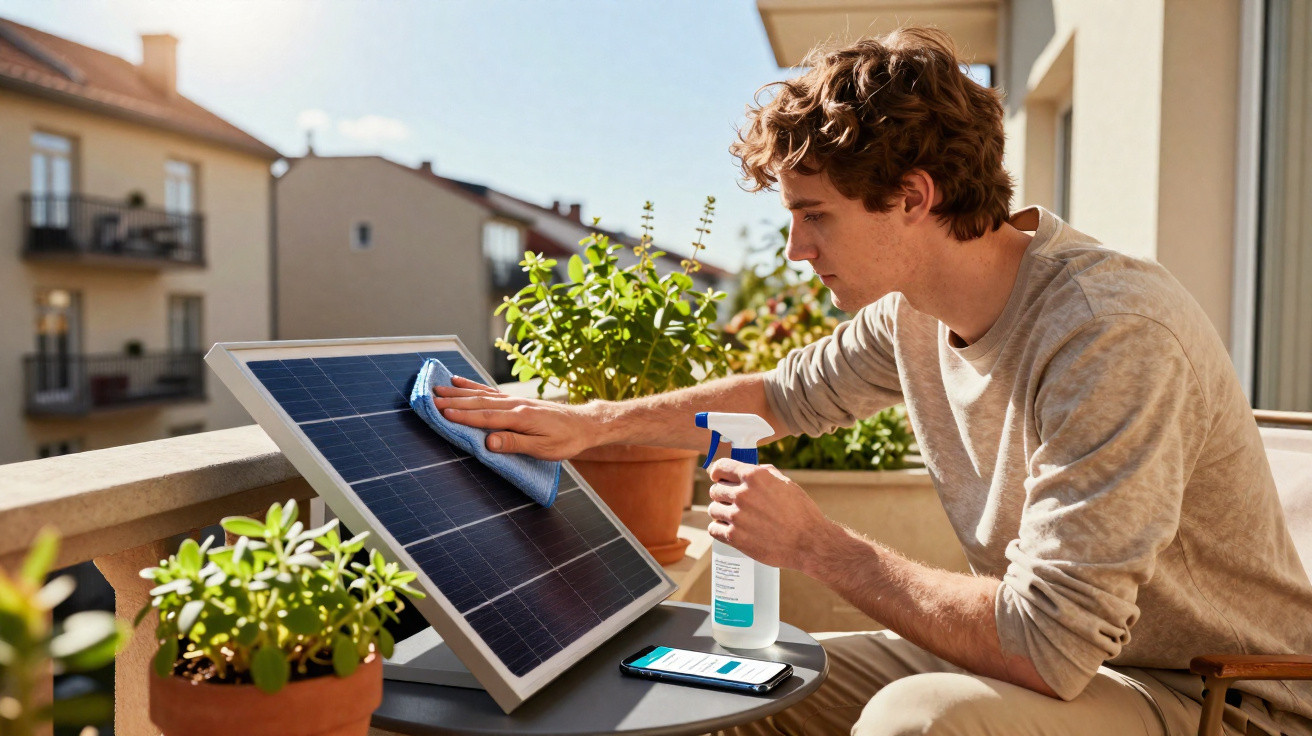 Jovem limpa painel solar portátil em sacada ensolarada com plantas e celular ao lado.