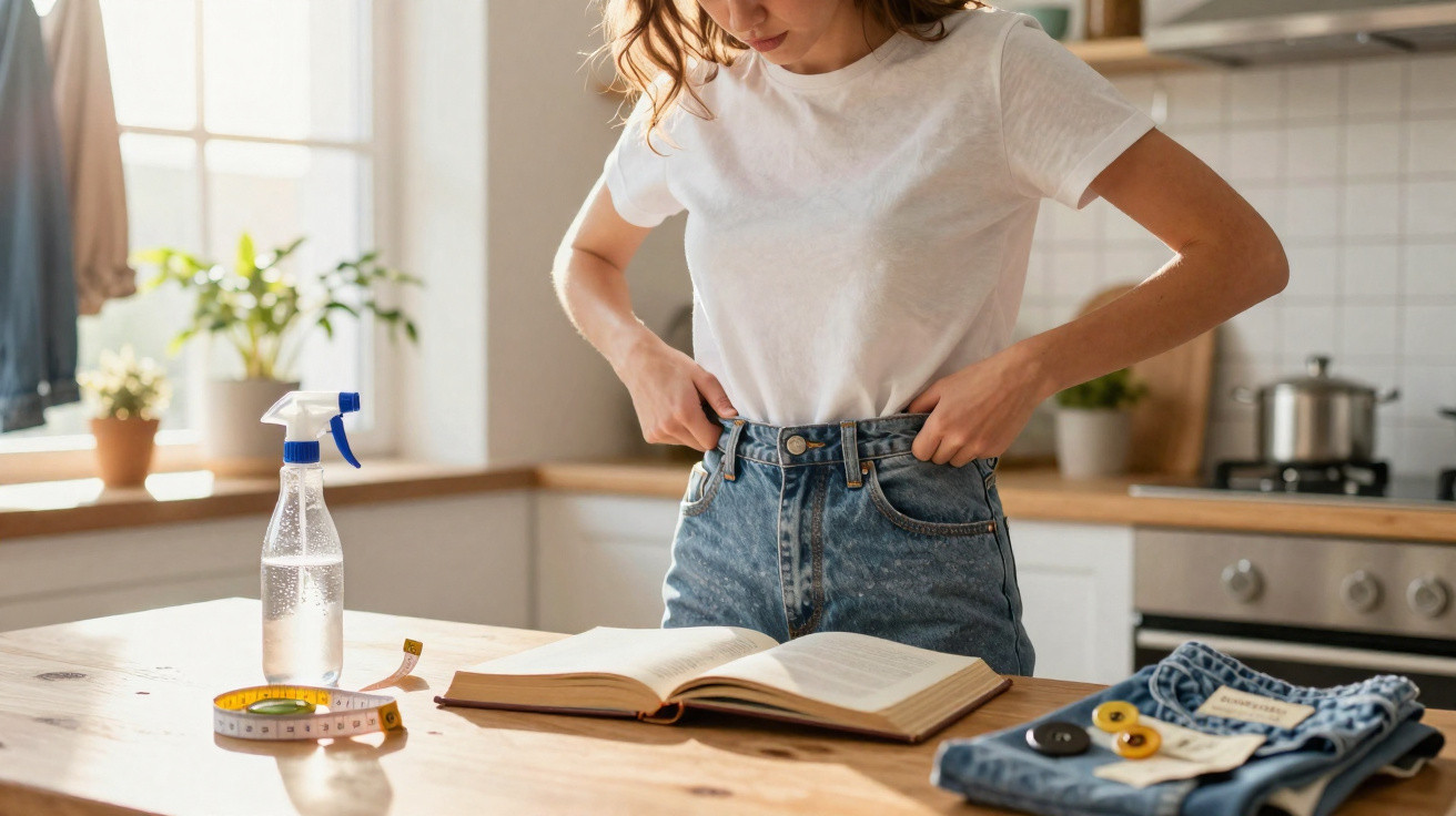 Mulher tentando abotoar calça jeans após medir cintura em cozinha iluminada.