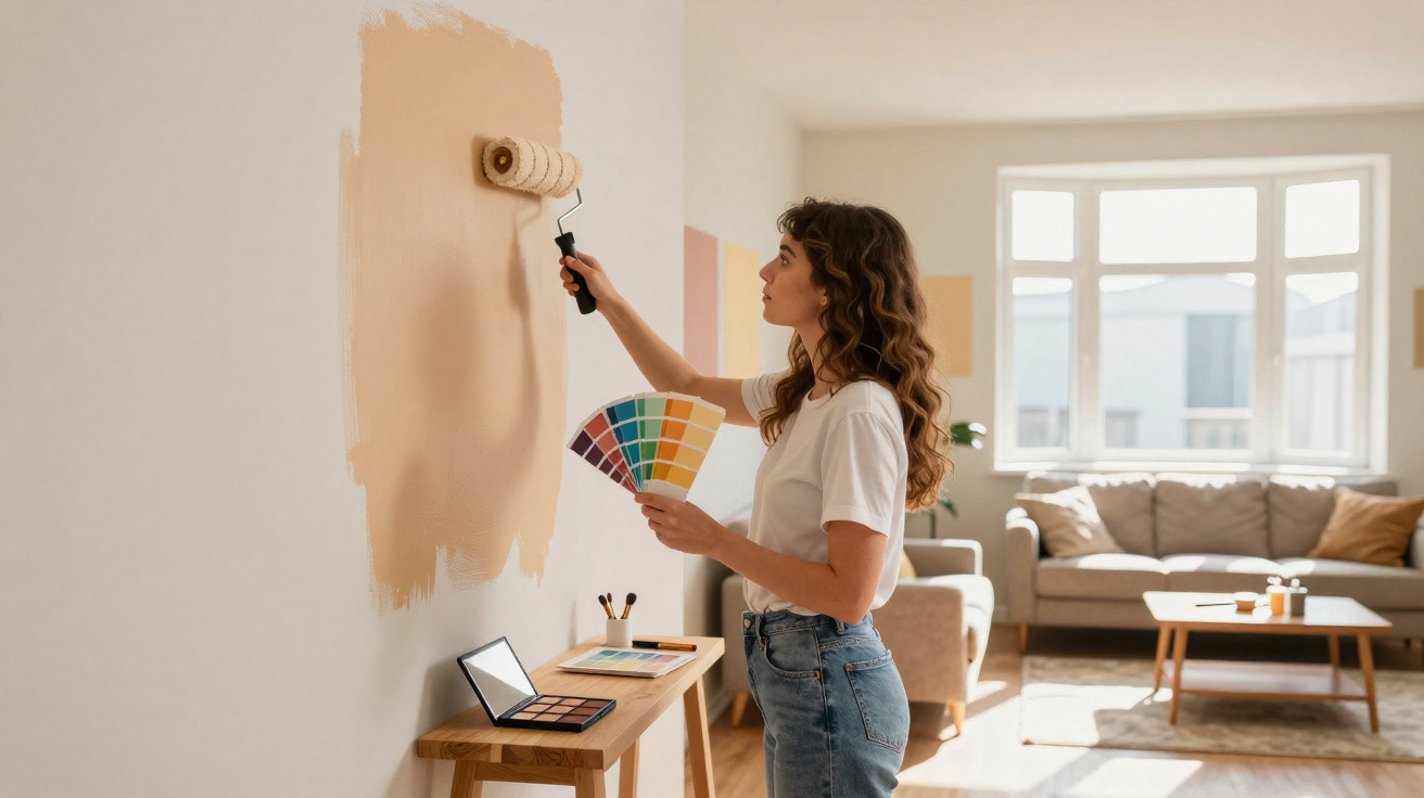 Mulher pintando parede de bege usando rolo e segurando paleta de cores em sala iluminada.