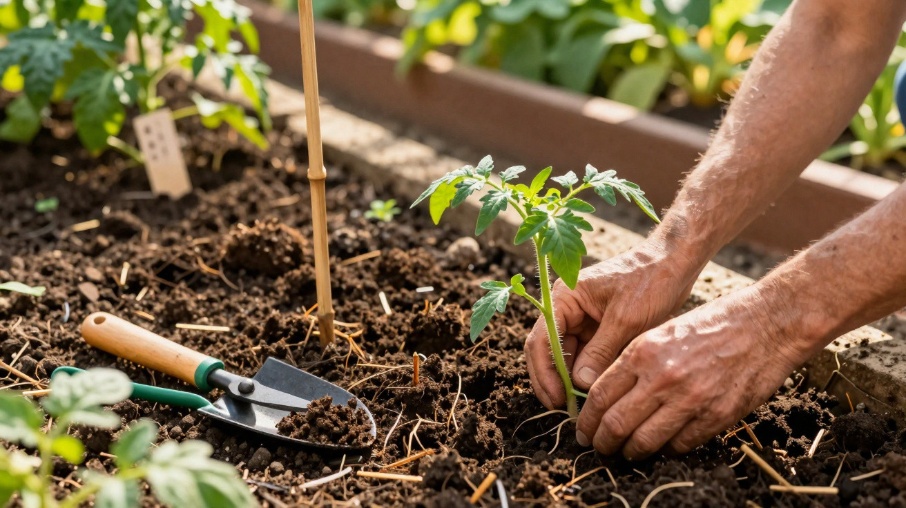 Mãos plantando muda de tomate em solo fértil com pequena pá de jardinagem ao lado.