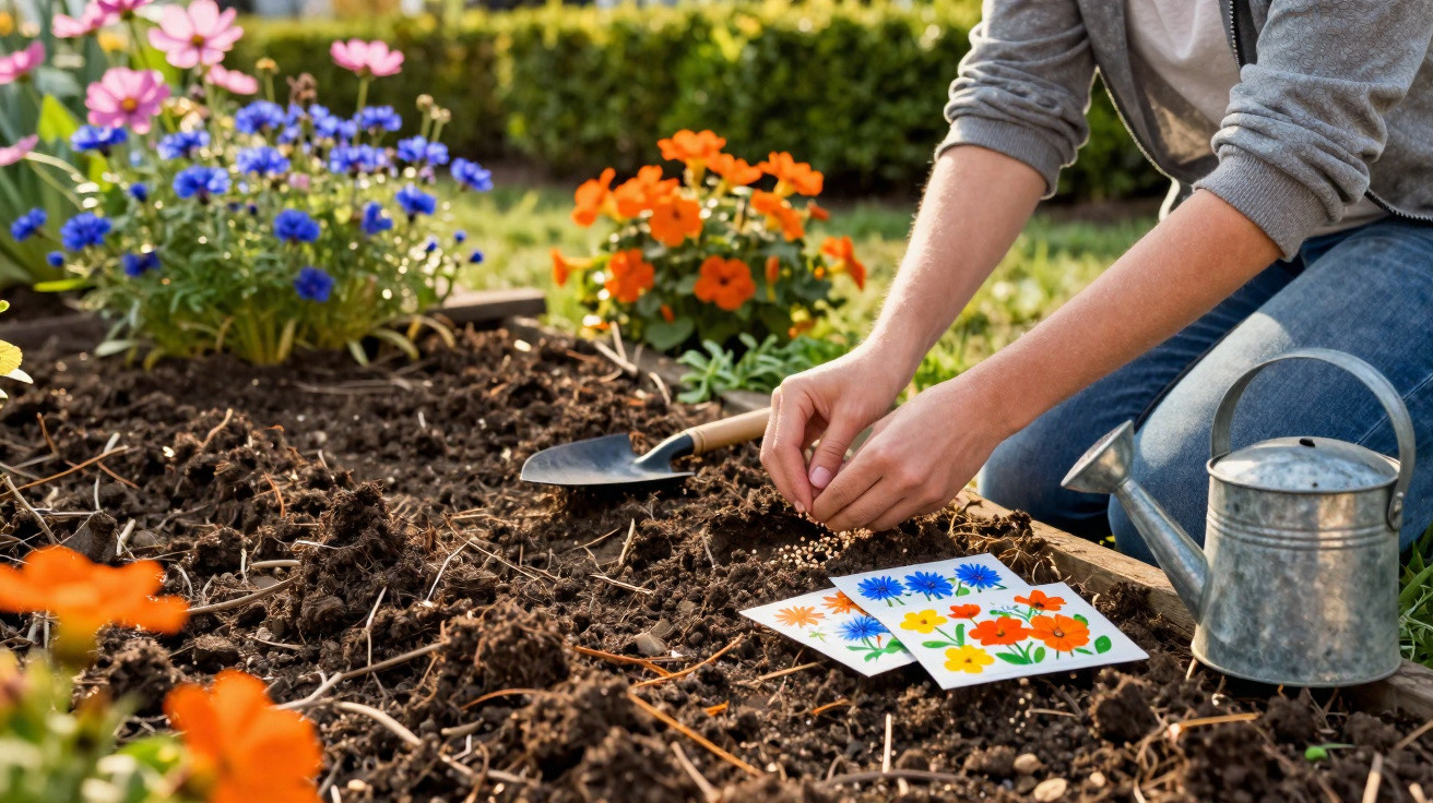 Pessoa plantando sementes em canteiro de flores com regador e pacotes de sementes coloridos ao lado.