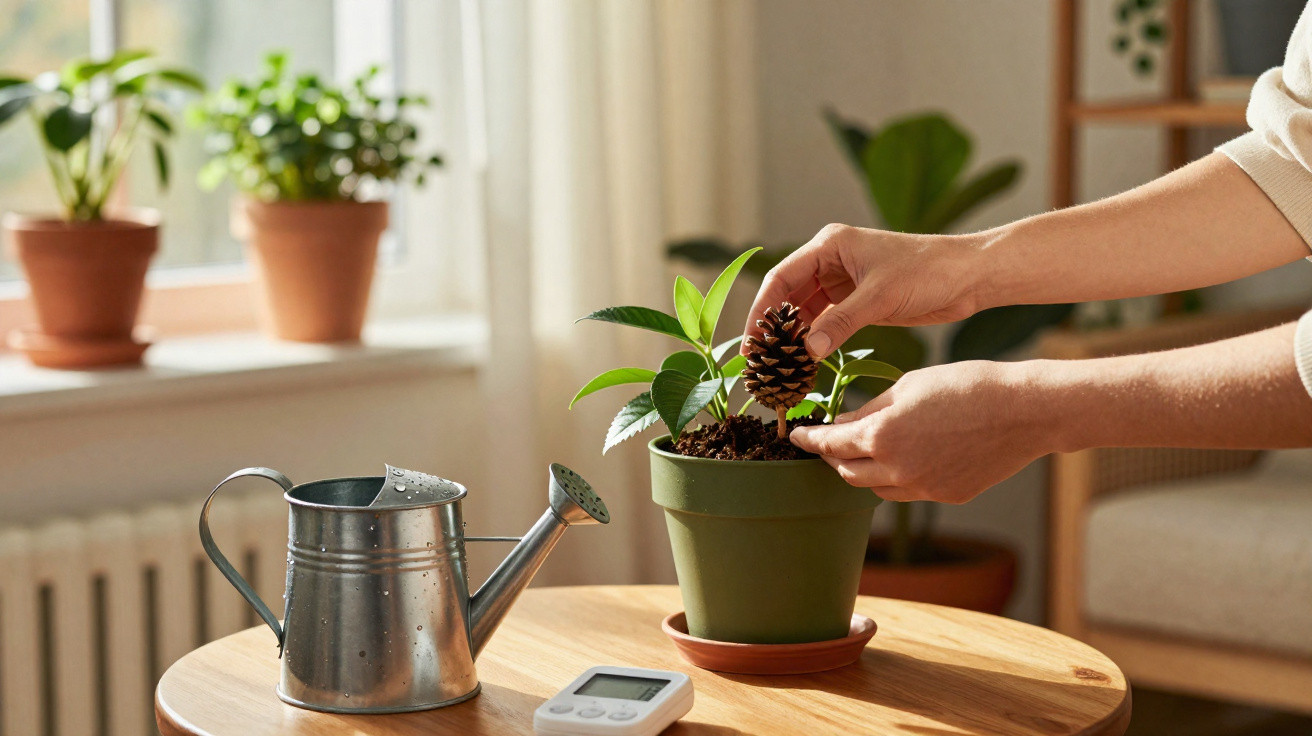 Pessoa colocando pinha em vaso com planta sobre mesa com regador e medidor digital próxima à janela iluminada