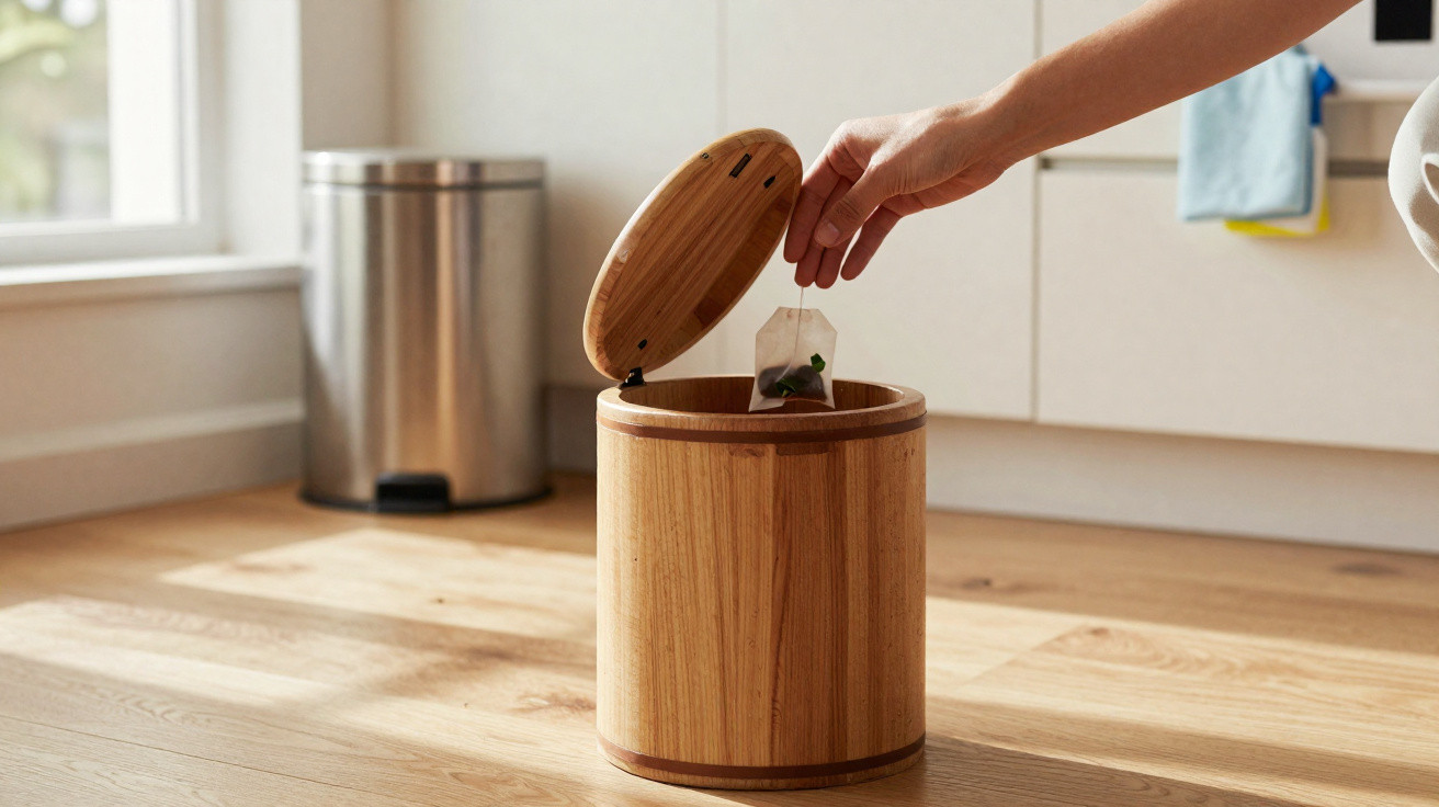 Mão descartando sachê de chá usado em lixeira de bambu em cozinha com piso de madeira clara.