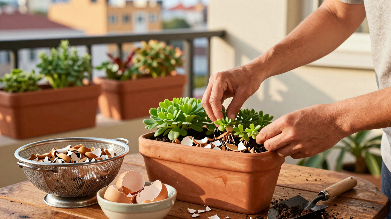 Pessoa plantando suculentas em vaso com cascas de ovos como adubo em varanda iluminada pelo sol.