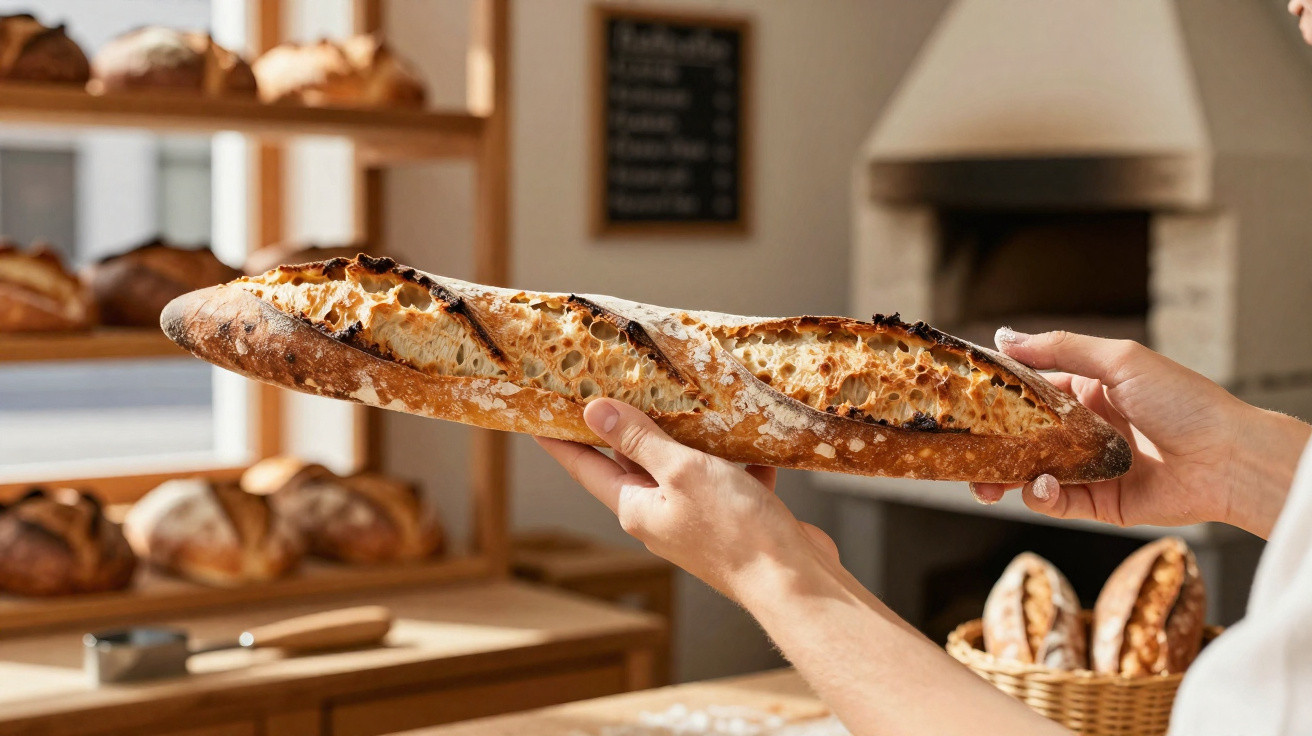 Pessoa segurando baguete artesanal assada em padaria com pães variados ao fundo e forno a lenha.