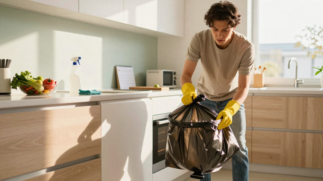 Jovem usando luvas amarelas recolhendo saco de lixo preto na cozinha clara e moderna.