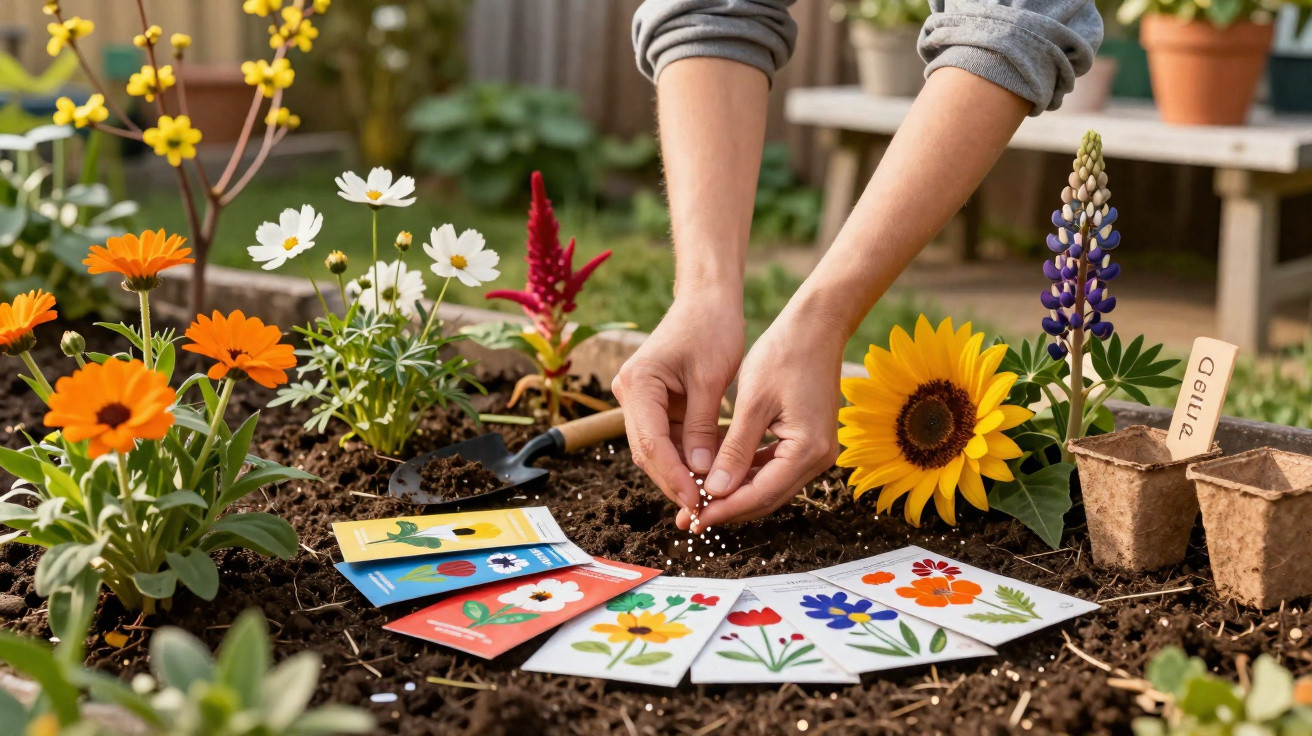 Mãos semeando sementes em jardim florido com pacotes de sementes e flores coloridas ao redor.