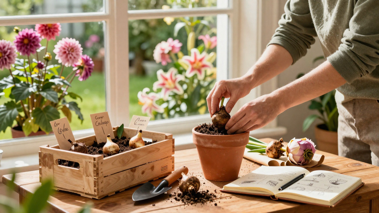 Pessoa plantando bulbos em vaso de barro em uma mesa com ferramentas e livro de jardinagem.