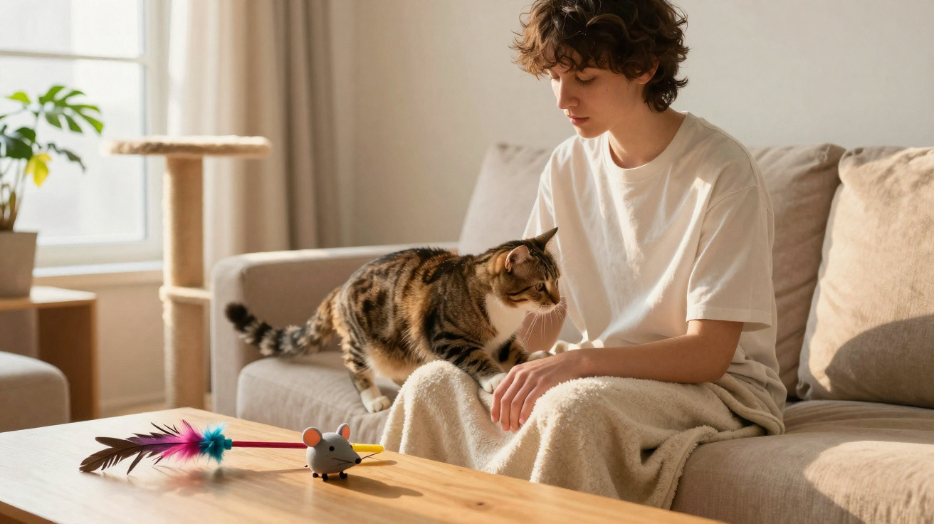 Pessoa sentada no sofá interagindo com um gato próximo de brinquedos de penas sobre a mesa.