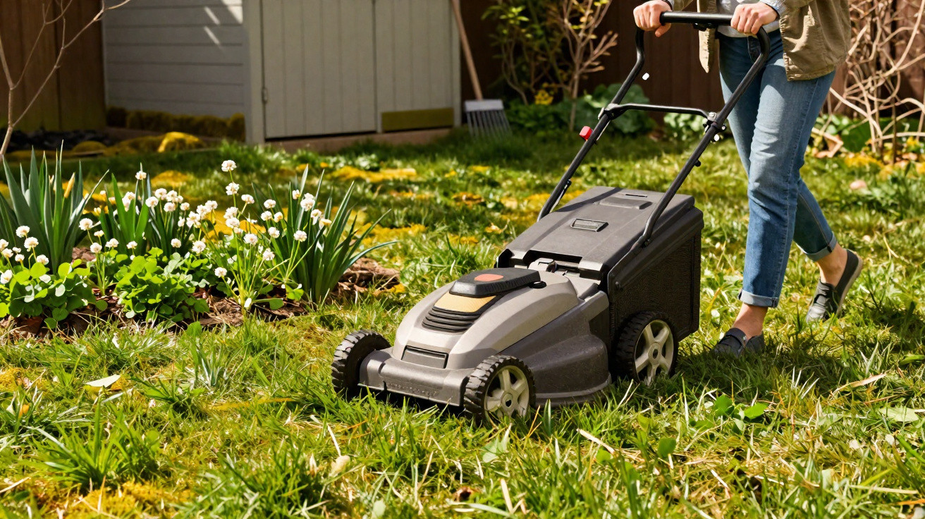 Pessoa cortando a grama do jardim com um cortador de grama cinza em dia ensolarado.
