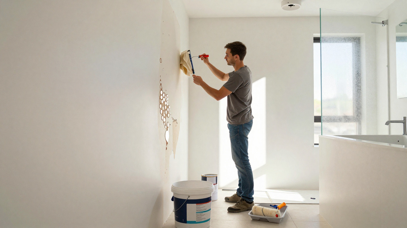 Homem pintando parede branca em ambiente claro com baldes e pincel no chão.