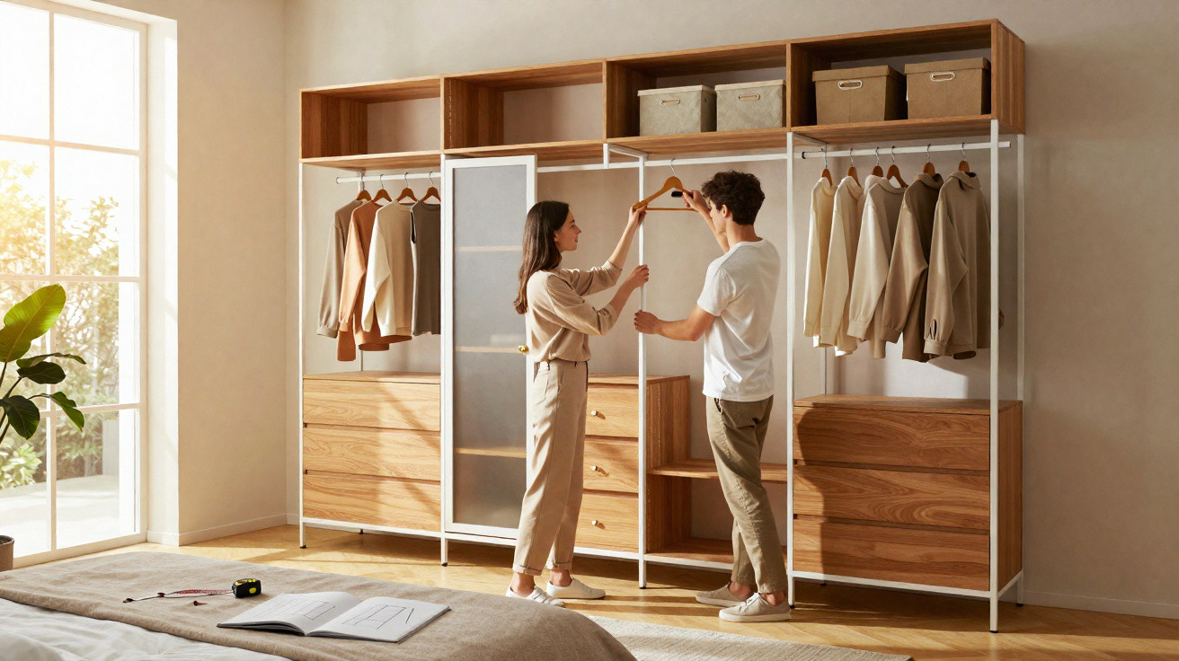 Casal organizando roupas em guarda-roupa aberto de madeira em quarto iluminado pela manhã.