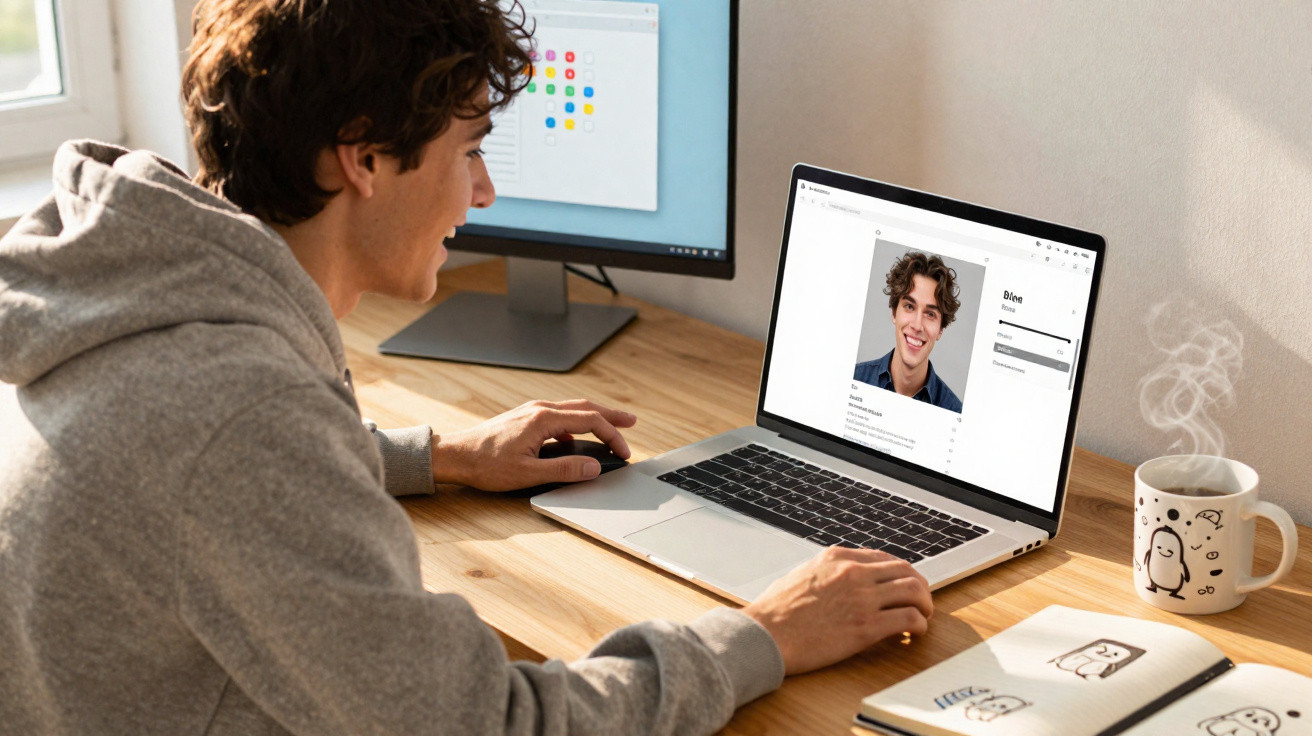 Jovem usando moletom cinza trabalha no laptop com perfil aberto, xícara de café e caderno com desenhos na mesa.