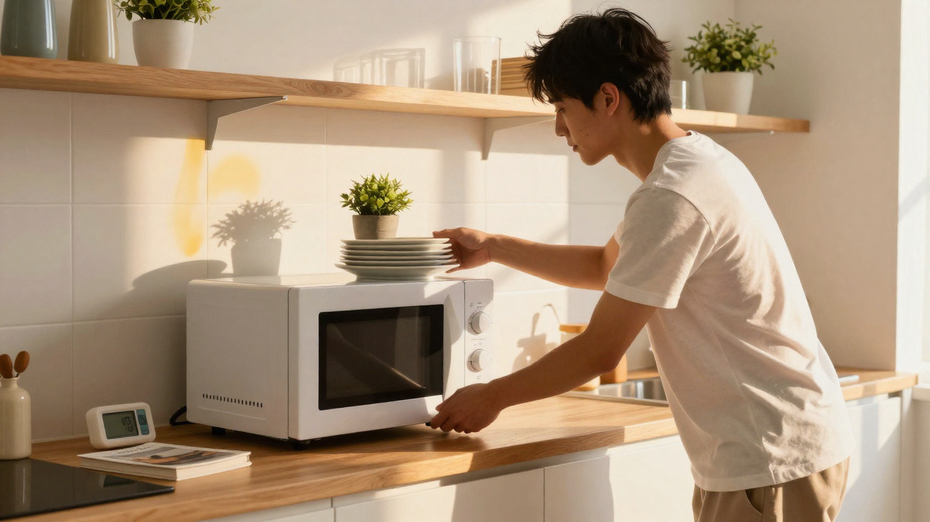 Homem colocando pratos em micro-ondas branco em cozinha iluminada por luz natural.