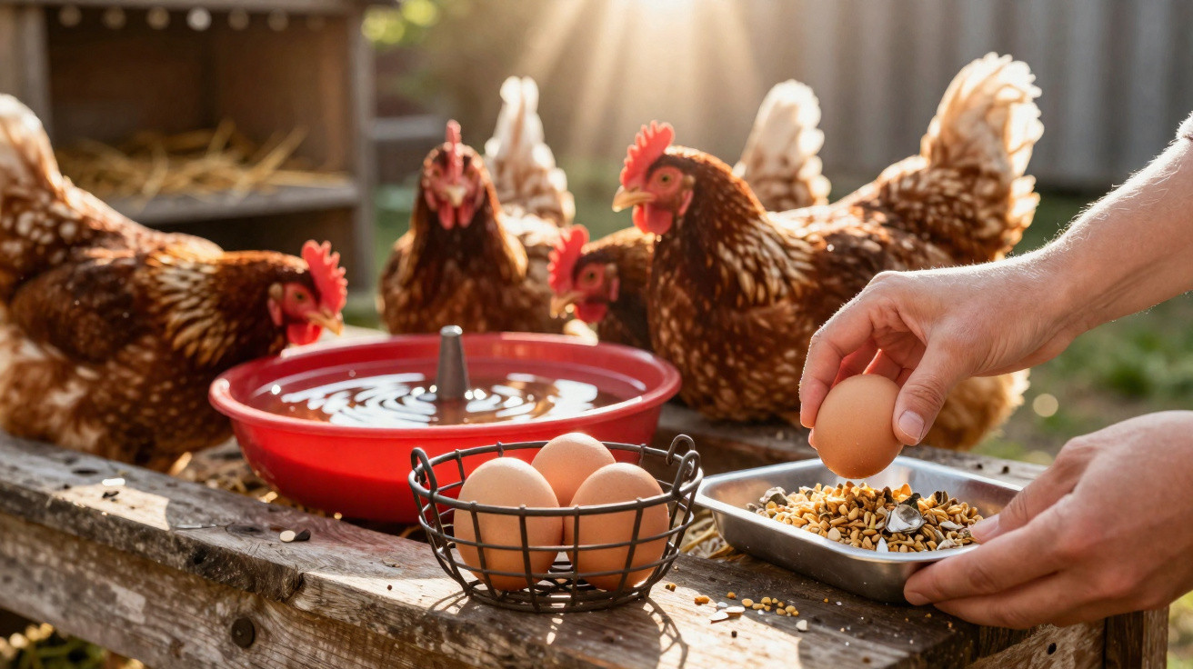 Mãos segurando ovo e alimento próximo a galinhas marrons e bacia vermelha com água ao sol.