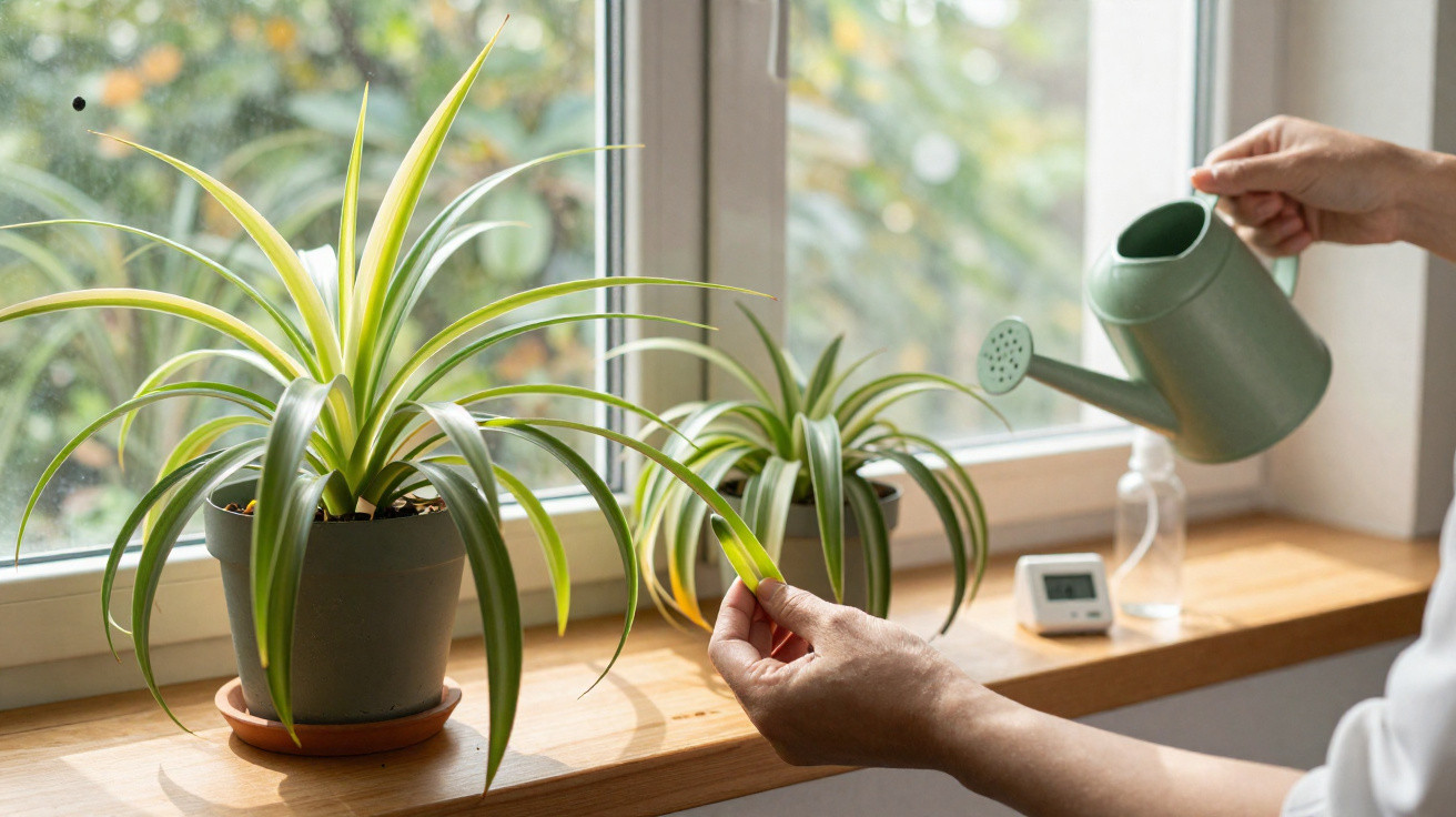 Pessoa regando plantas em vasos na janela, segurando regador e examinando uma folha verde.