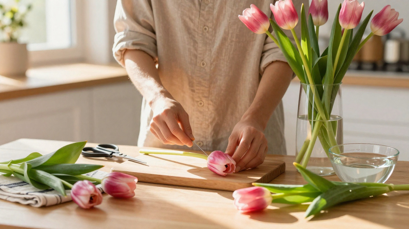 Pessoa preparando flores tulipas cor-de-rosa em uma cozinha iluminada, com vaso e tesoura na mesa.