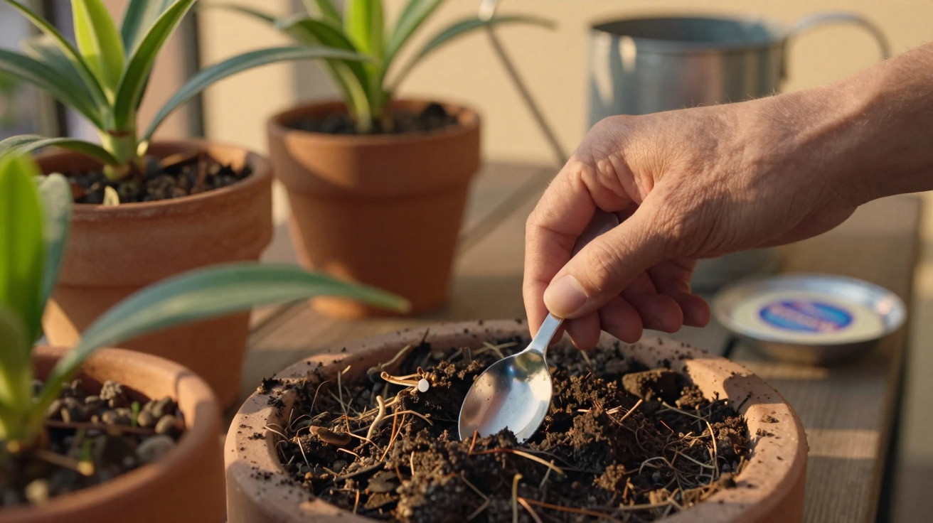 Mão usando colher para mexer terra em vaso de barro com plantas em vasos ao fundo.