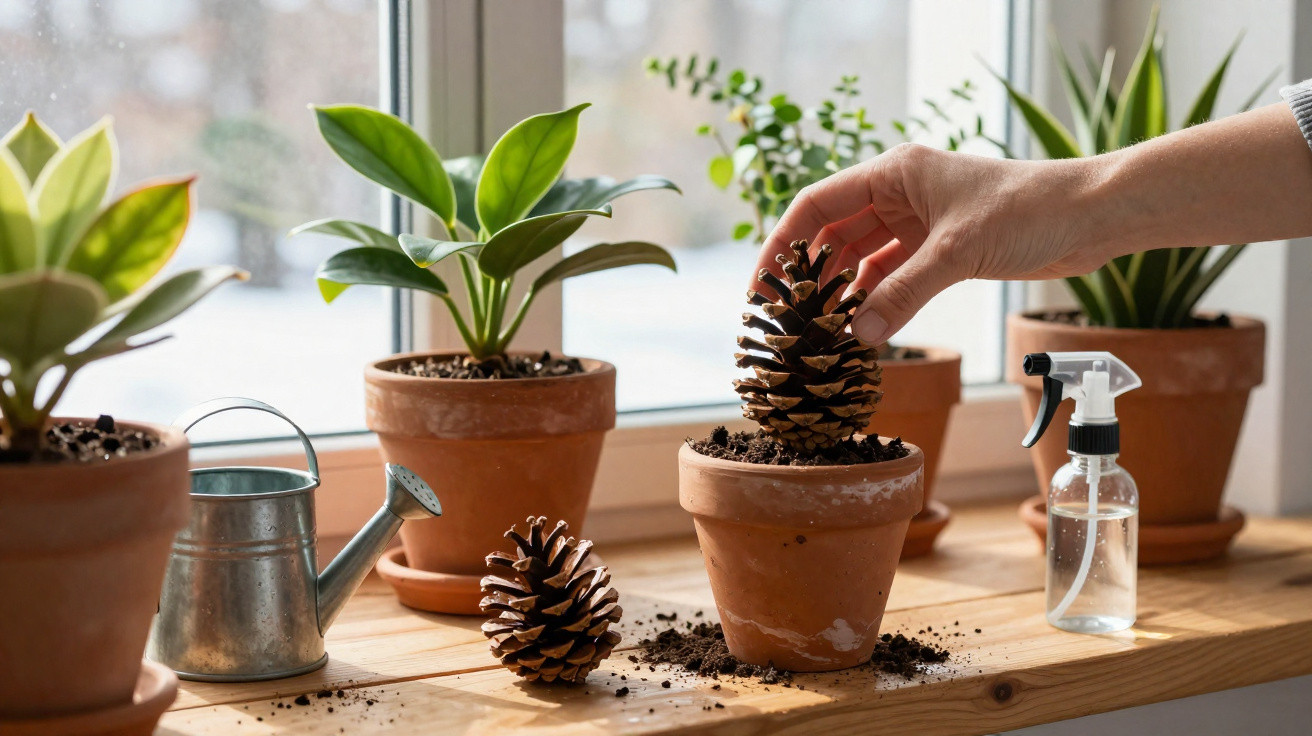 Mão colocando pinha em vaso de barro ao lado de plantas, regador e borrifador em parapeito iluminado.