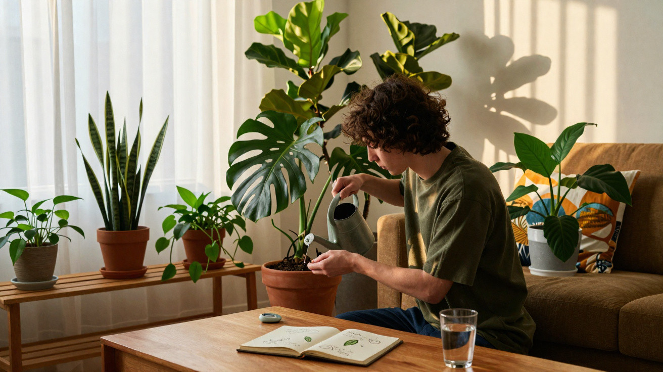 Jovem regando plantas em vaso na sala iluminada, com livro aberto e copo d'água sobre mesa de madeira.