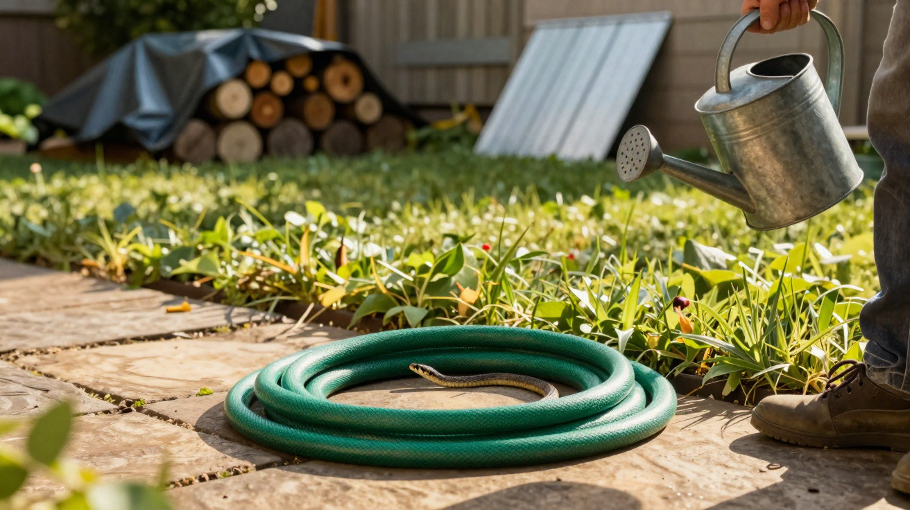 Jardim com mangueira verde enrolada e serpente próxima, enquanto pessoa segura regador metálico.
