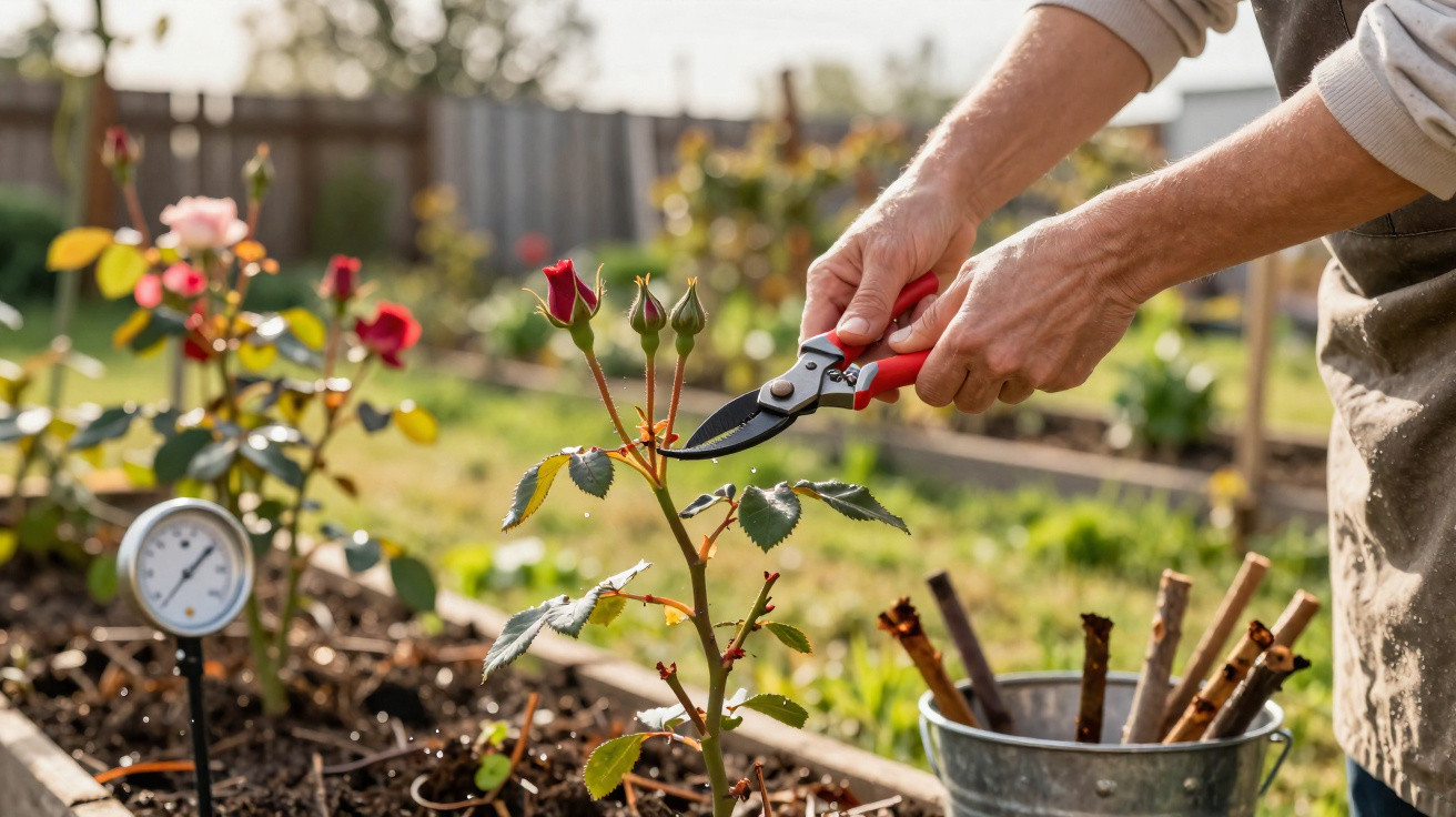 Pessoa podando brotos de rosa vermelha com tesoura de jardinagem em canteiro ensolarado.