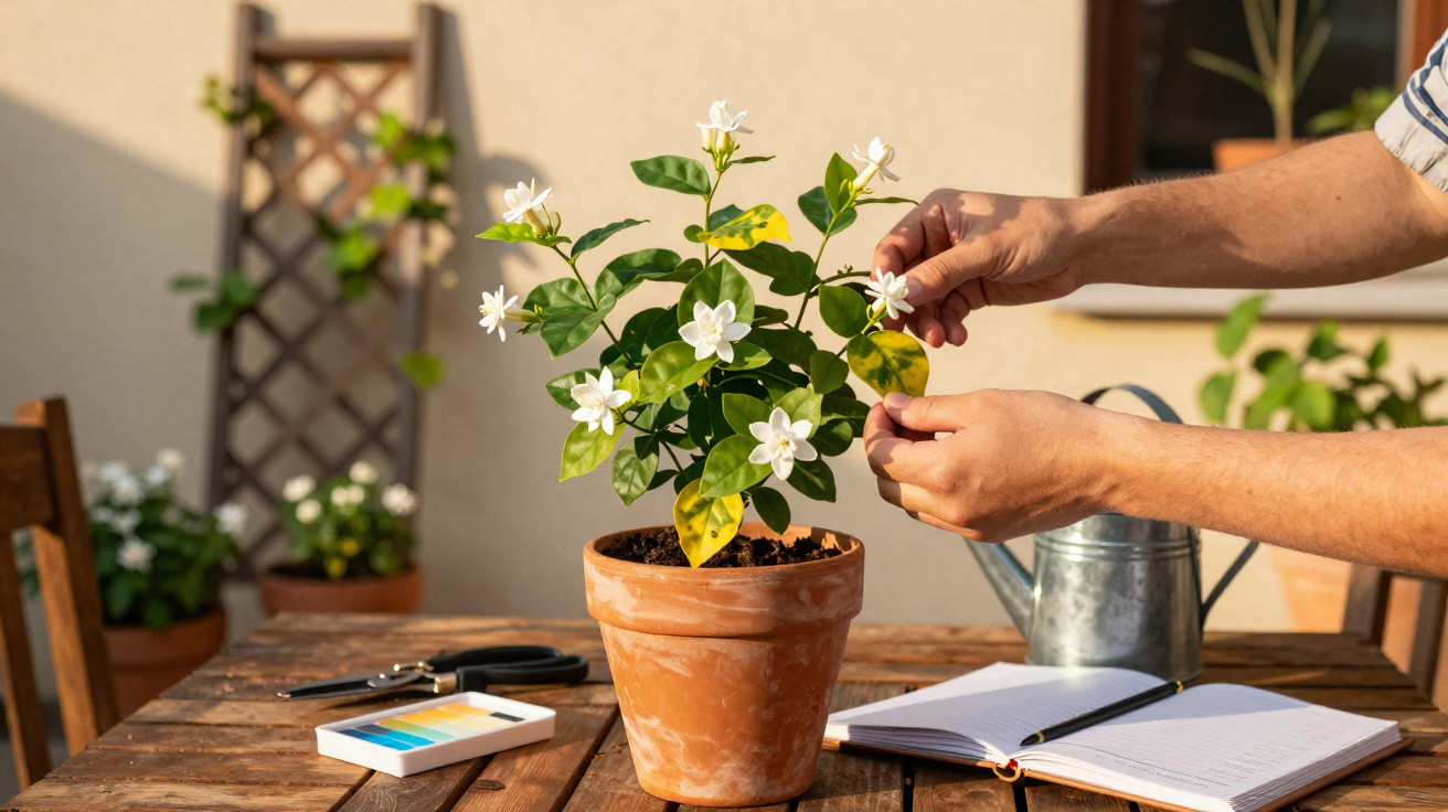 Pessoa cuidando de planta com flores brancas em vaso de barro sobre mesa de madeira iluminada pelo sol.