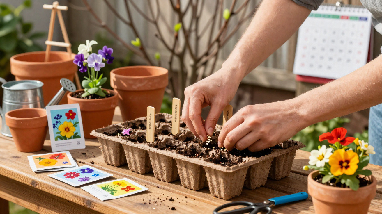 Pessoa plantando sementes em sementeira com solo, ao redor vasos, regador e cartões ilustrados de flores coloridas.