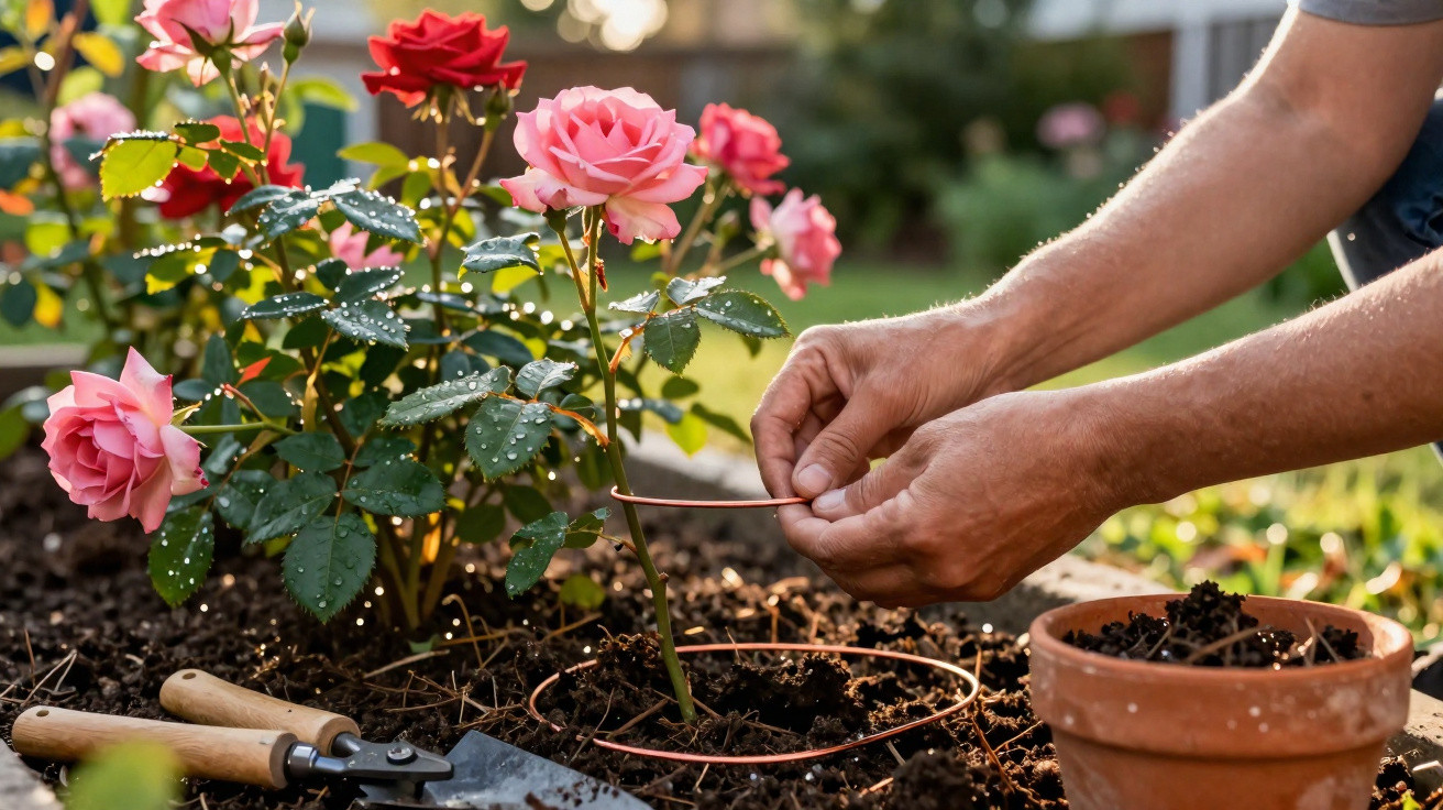 Mãos ajustando suporte circular em planta de rosa com flores vermelhas e rosas em jardim ensolarado.