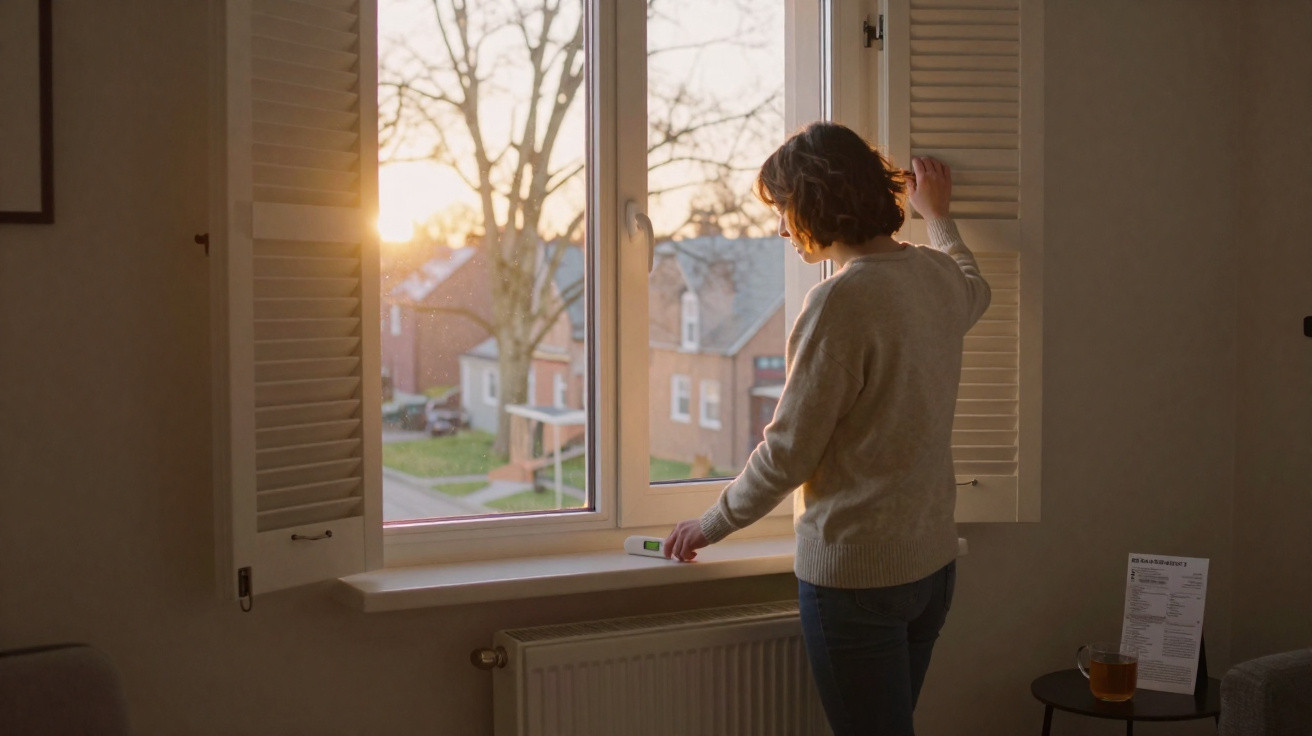 Pessoa abrindo janela para o sol entrar em ambiente interno durante o amanhecer