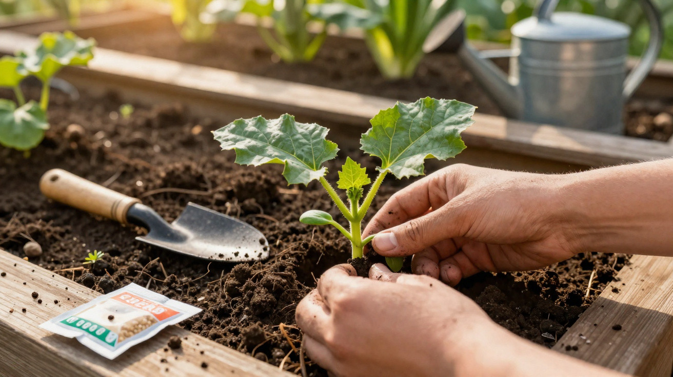 Mãos plantando muda em canteiro de madeira com pá, pacote de sementes e regador ao fundo.