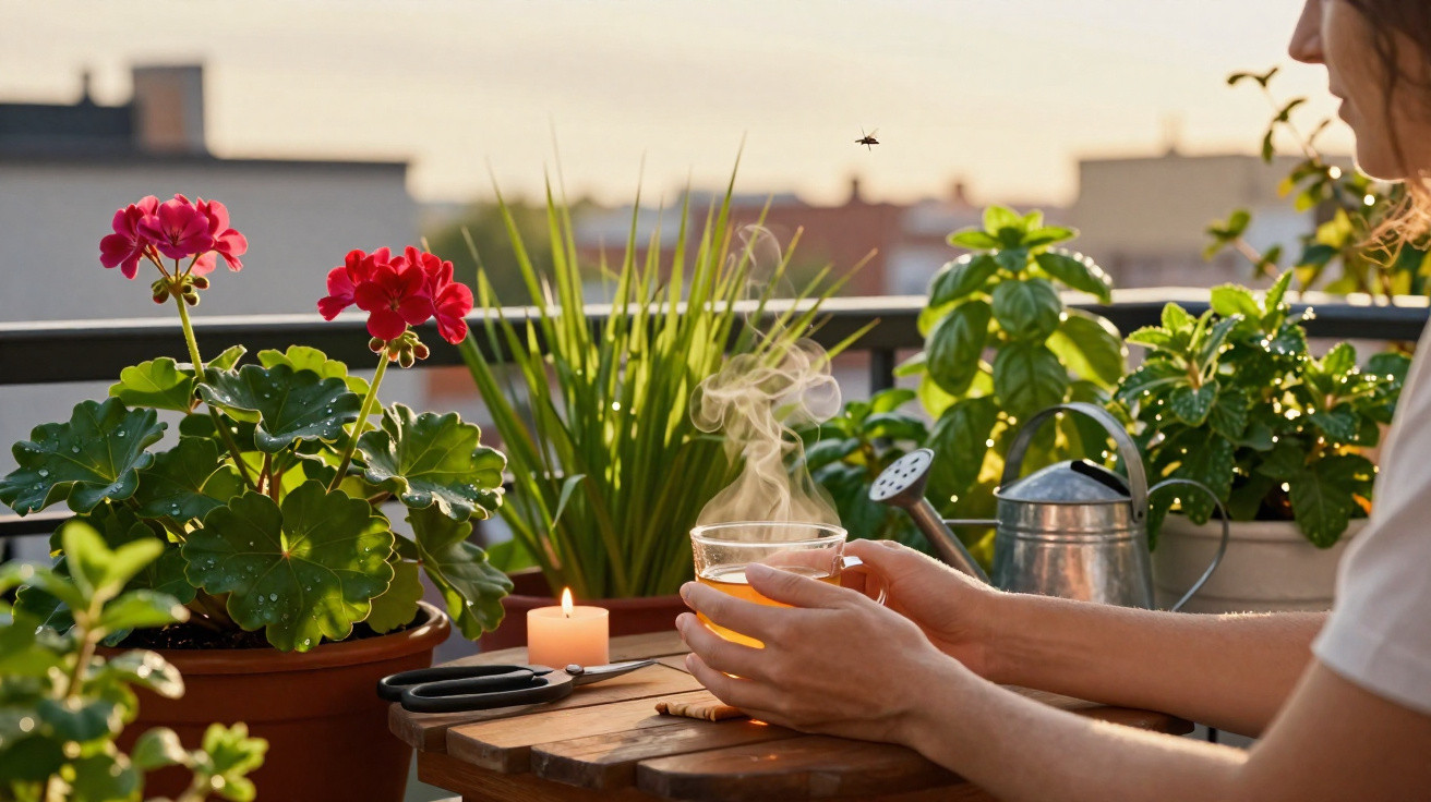 Pessoa segurando xícara de chá quente em varanda com vasos de flores e plantas ao entardecer.