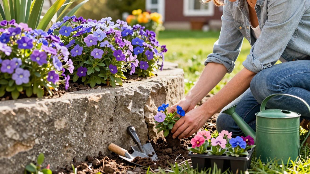 Pessoa plantando flores coloridas em canteiro de jardim com regador e ferramentas ao lado.
