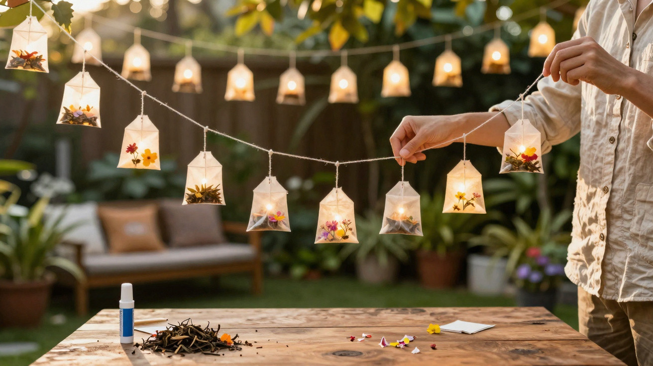 Mãos segurando cordão de luzes com pequenos sachês iluminados e flores secas em ambiente externo.