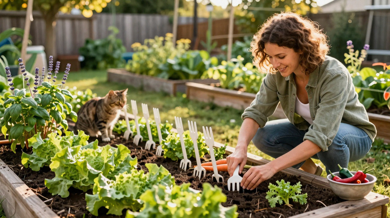 Mulher sorrindo plantando mudas em horta caseira enquanto gato observa próximo.
