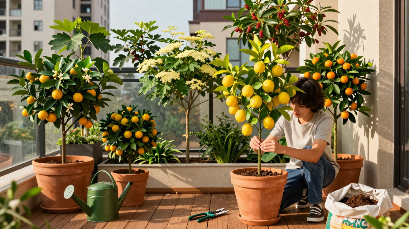 Criança cuidando de planta com limões em varanda com vasos de frutas e regador verde.