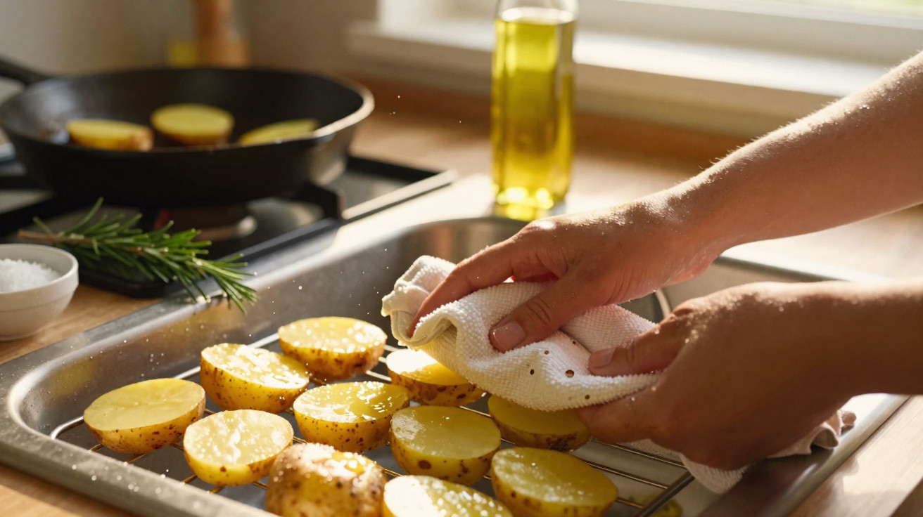 Mãos secando batatas cortadas ao meio em uma bandeja na cozinha, com frigideira e azeite ao fundo.