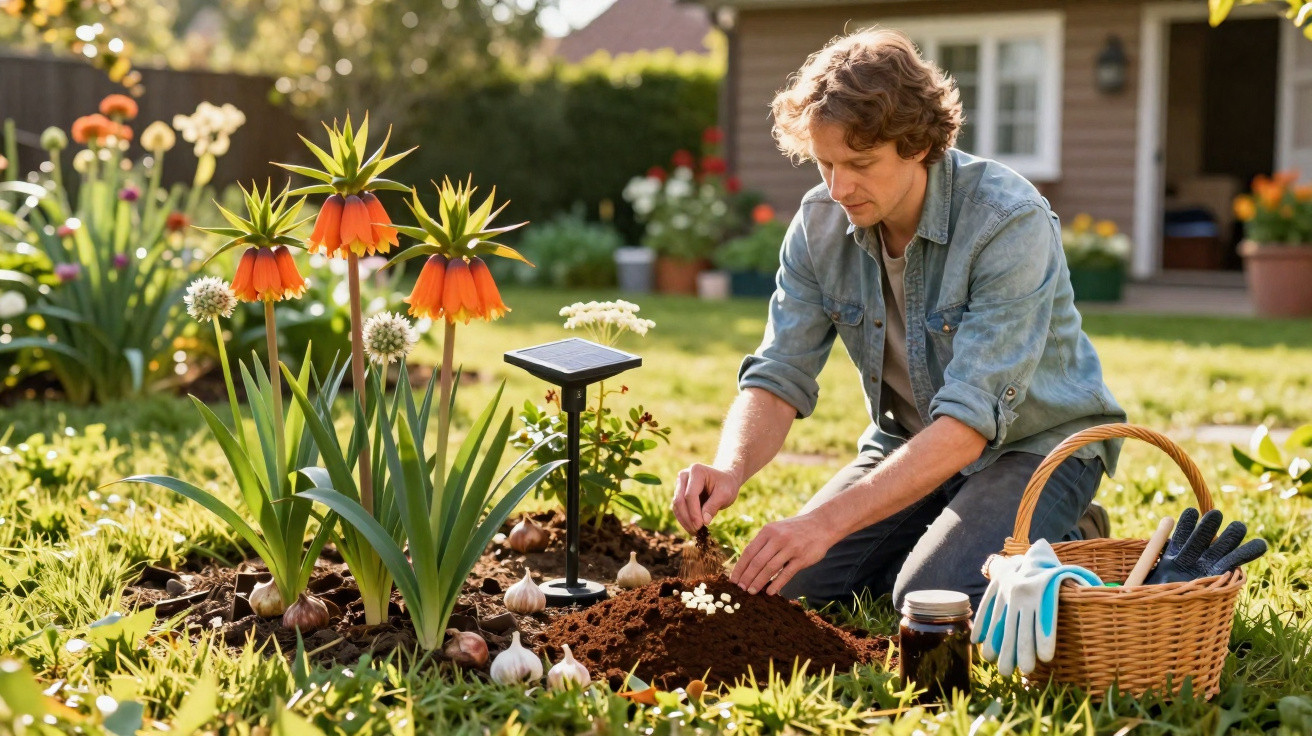 Homem plantando flores em jardim ensolarado com cesta de ferramentas e casa ao fundo.