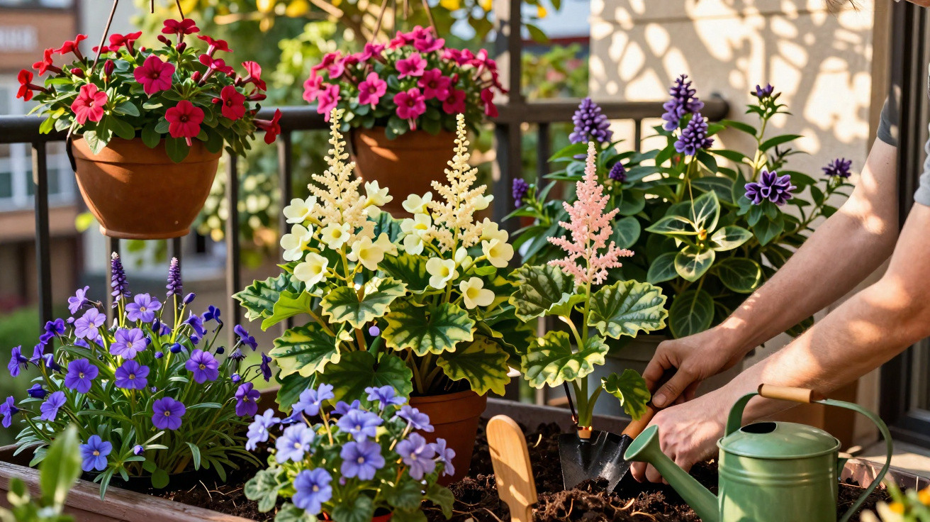 Mãos jardineiras plantando flores coloridas em vasos e jardineira ao ar livre em varanda com regador verde.