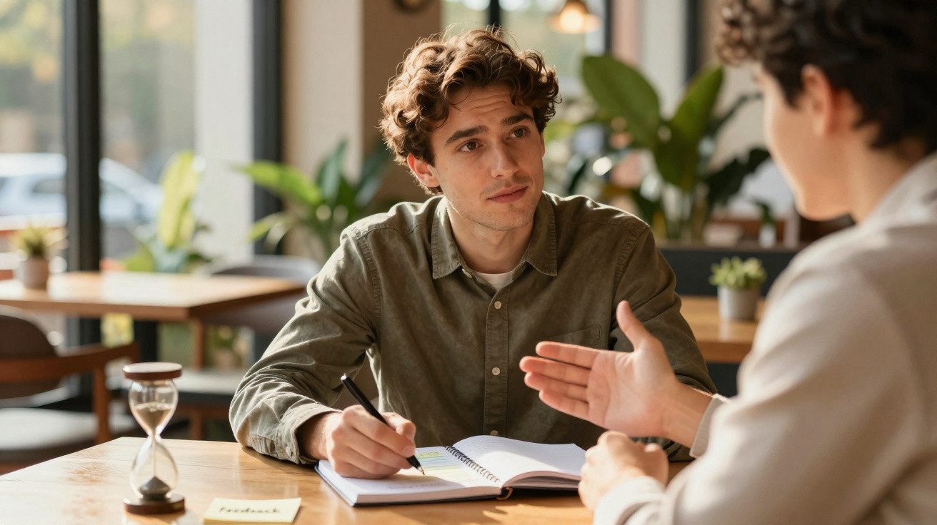 Dois homens conversando em mesa com caderno e ampulheta, em ambiente interno iluminado e decorado com plantas.