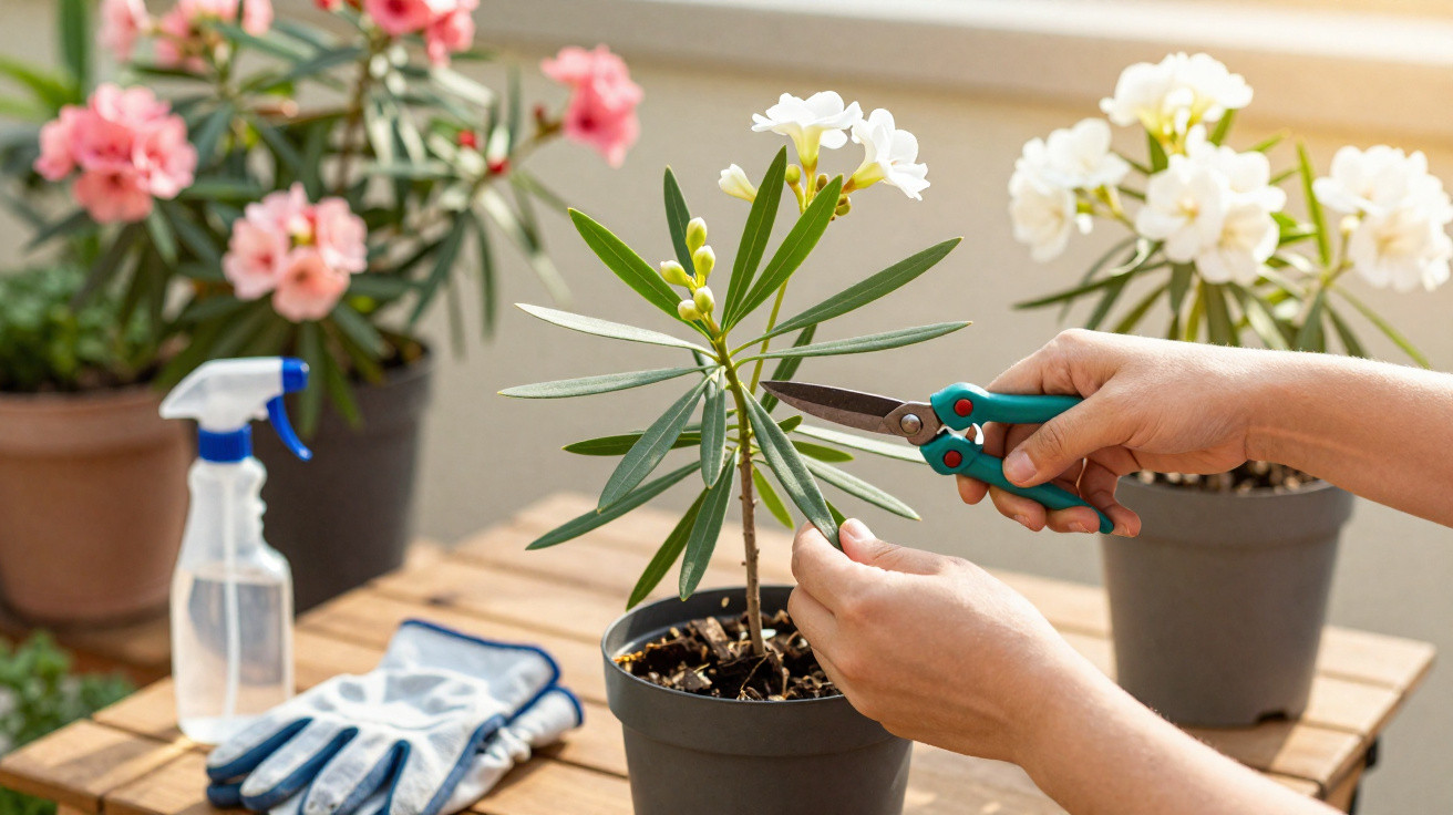 Pessoa podando planta com tesoura de jardinagem em vaso dentro de casa, com flores ao fundo.