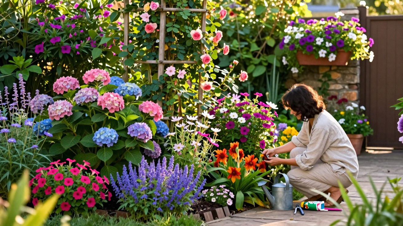 Mulher cuidando de flores coloridas em jardim ensolarado com regador e ferramentas próximas.